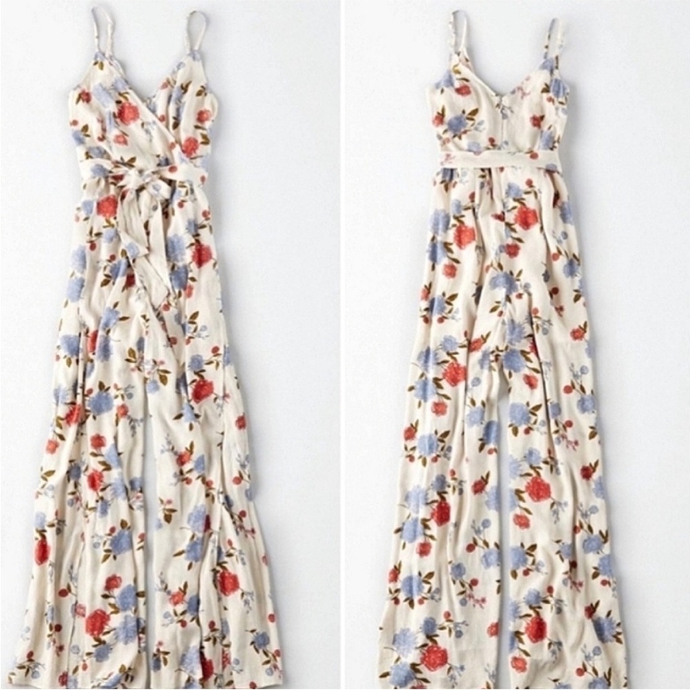 American Eagle Outfitters Cream Spaghetti Strap Maxi Split Leg Romper